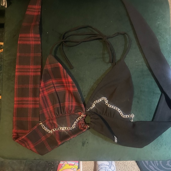 RARE FIREST INK Plaid and Black Halter Top with Chains Top only - Picture 3 of 5